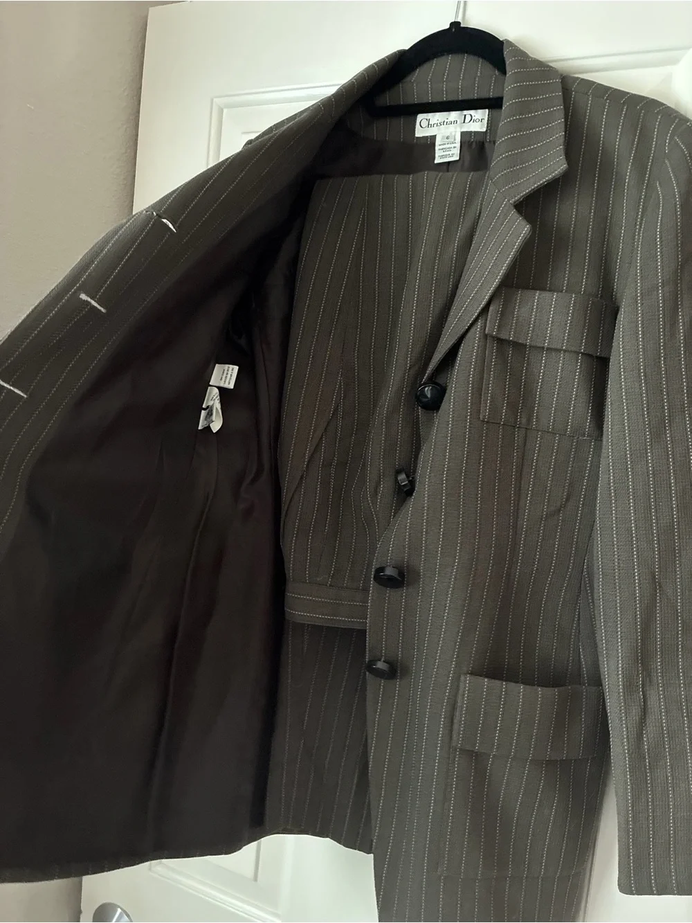 Vintage Christian Dior 2-Piece Wool Pinstripe Pantsuit Blazer Suit Size 6